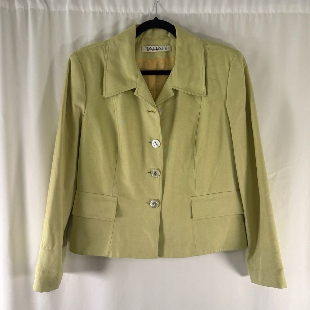 Tahari Silk Blazer Women's 14 Green Button Front Long Sleeve Pockets Office